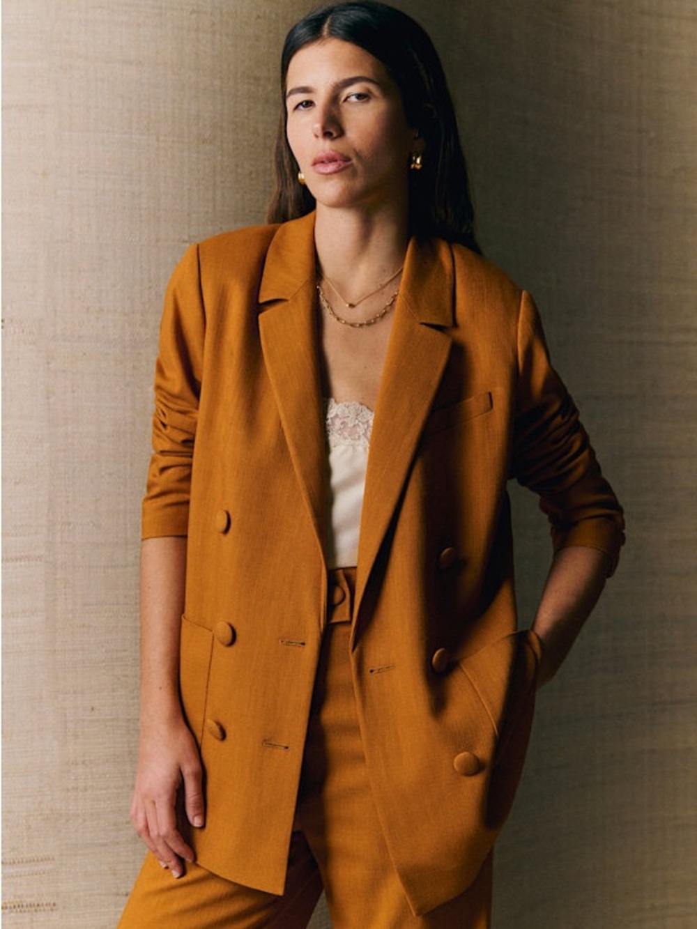 Womens Sezane Double-Breasted Blazer Jacket and pant sett Rust nwot size 36/38